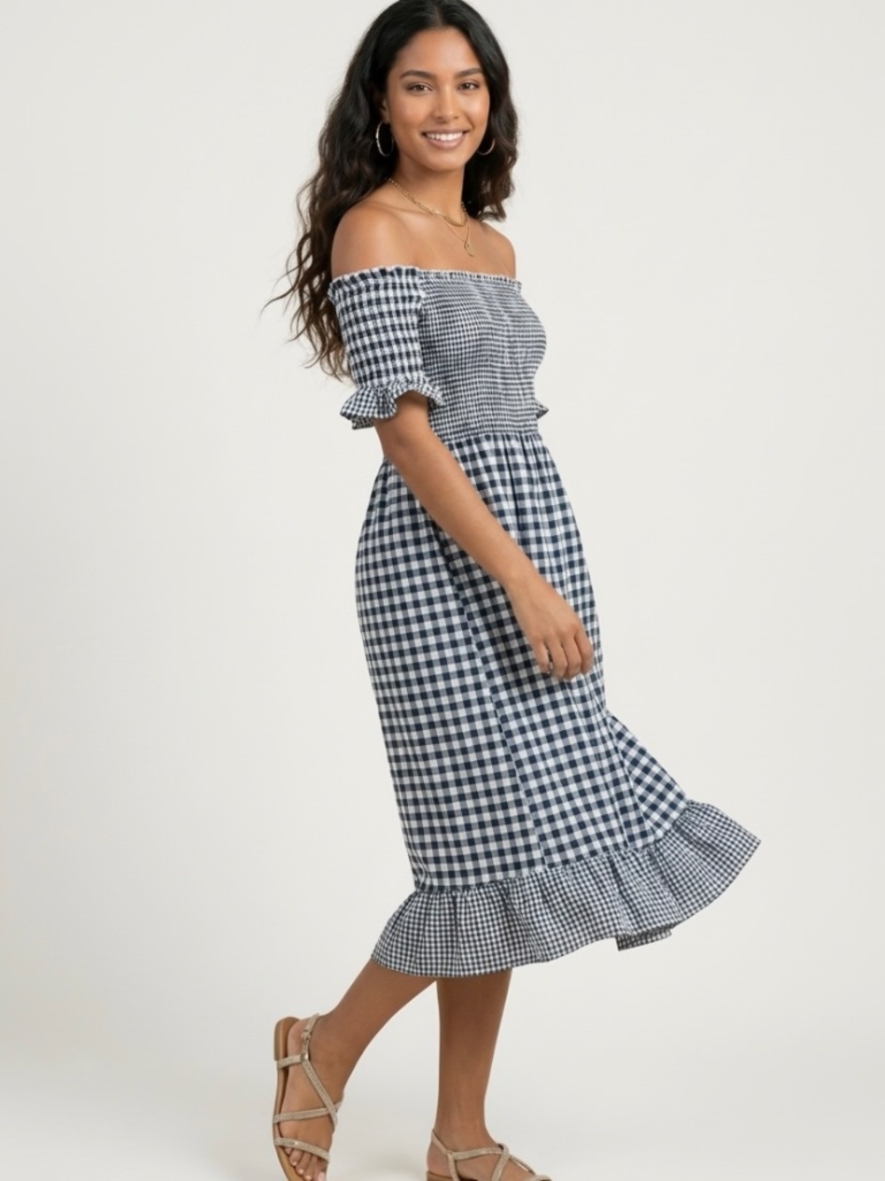 POL Navy White Gingham Midi Dress | Smocked Off Shoulder Checkered Dress - Picture 2 of 7